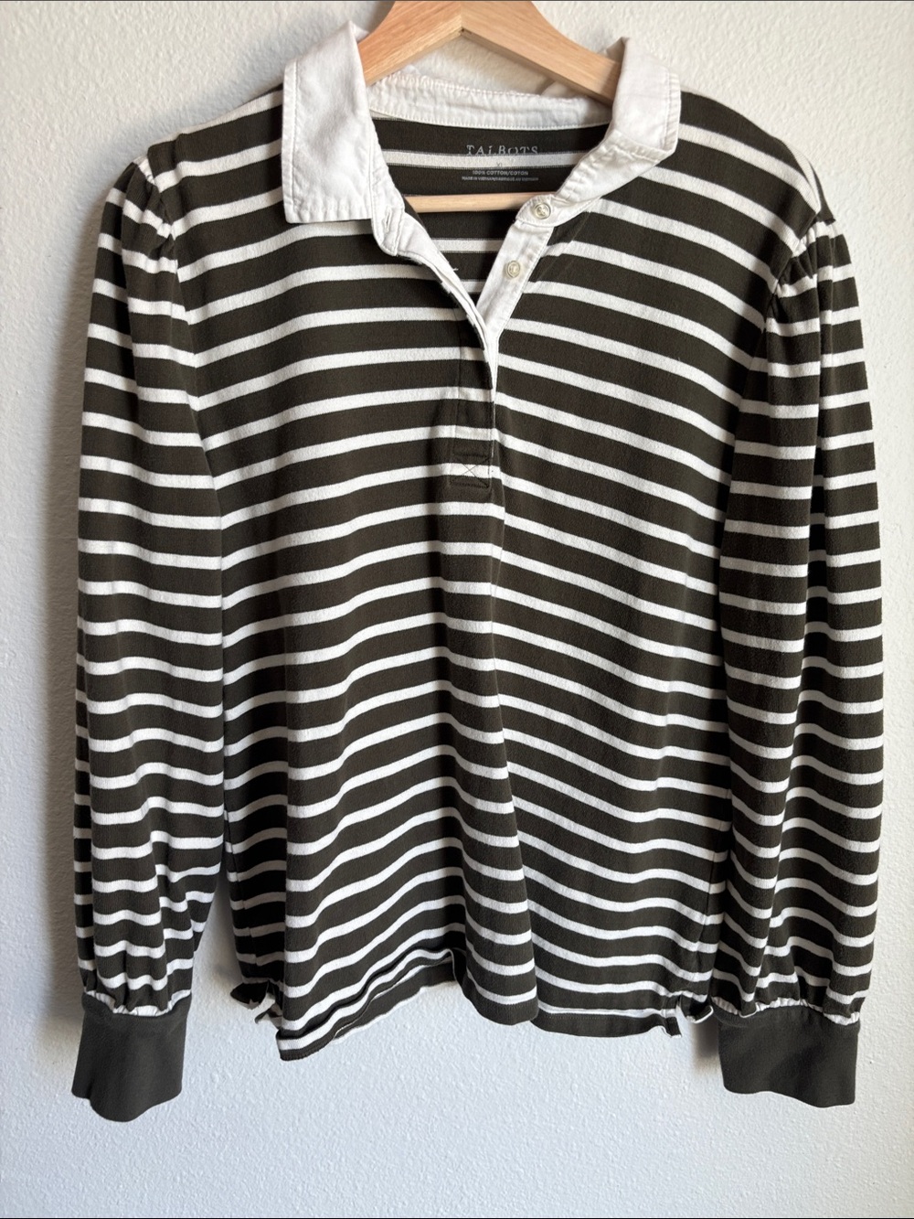 TALBOTS Rugby Shirt Womens Striped Neutral Olive Feminine Puff Sleeve XL